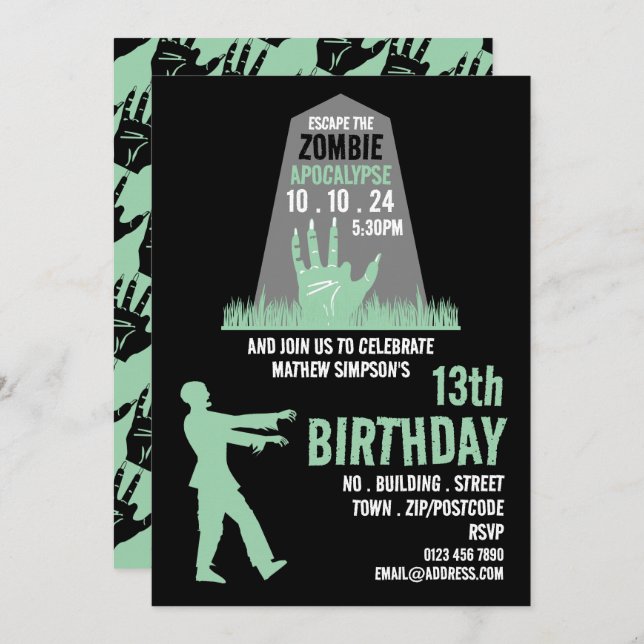 Invitation Zombie Apocalypse Thème Escape Room Anniversaire (Devant / Derrière)