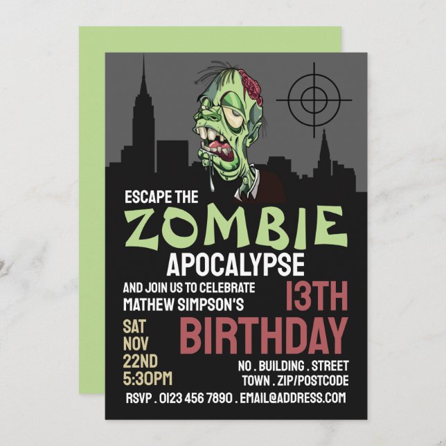 Invitation Zombie Apocalypse Thème Escape Room Anniversaire (Devant / Derrière)