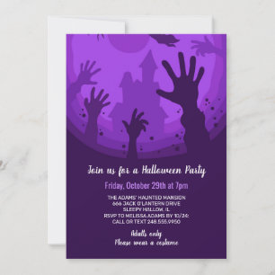Invitation Zombie Mains Purple Castle Halloween Party