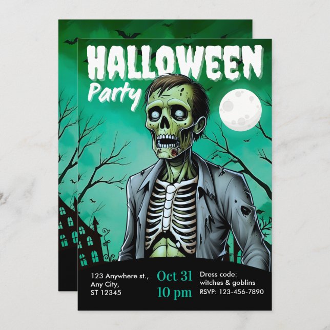 Invitation Zombie Skeleton Halloween Party Invite Adults (Devant / Derrière)
