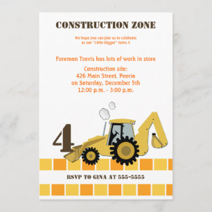 Invitation Zone de construction Backhoe Boys Anniversaire Inv