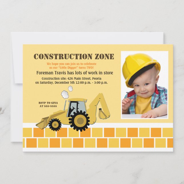 Invitation Zone de construction Backhoe Boys Anniversaire Inv (Devant)