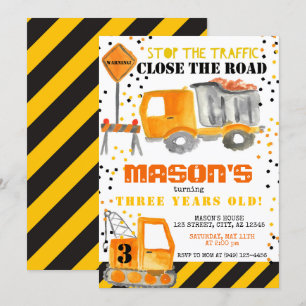 Invitation Zone de construction jaune et noir Camion à benne 
