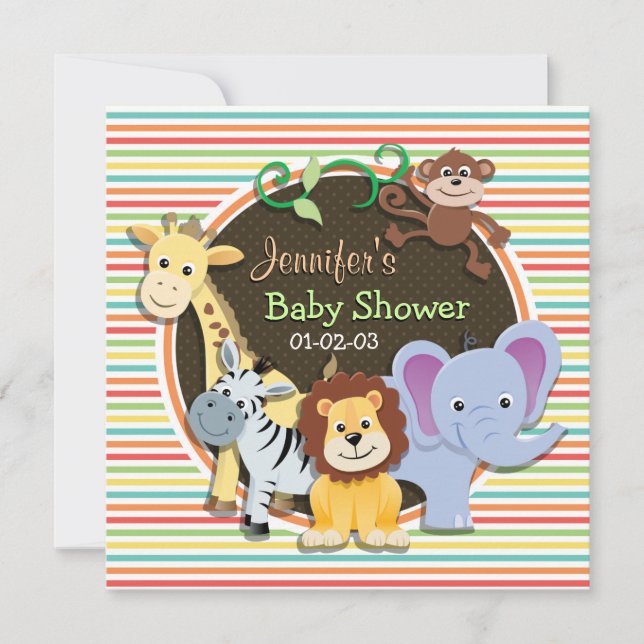 Invitation Zoo Animaux Baby shower, Bright Rainbow Stripes (Devant)