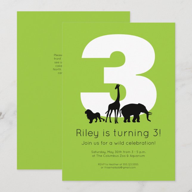 Invitation Zoo animaux vert enfant anniversaire (Devant / Derrière)