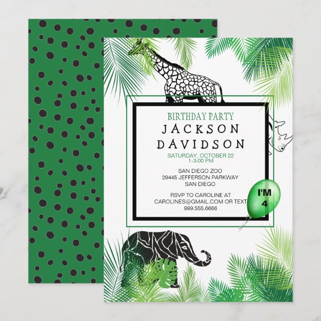 Invitation Zoo Boy's Birthday Party Foliage Giraffe Elephant (Devant / Derrière)