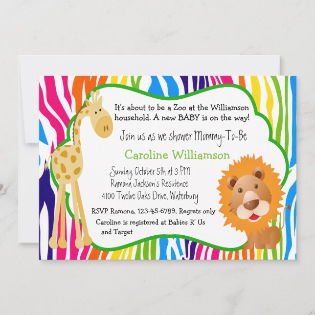 Invitation Zoo coloré Animaux Sexe Baby shower neutre (Devant)