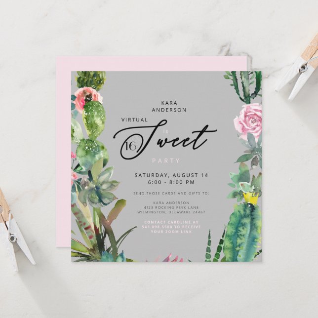 Invitation Zoom Virtual Cactus Rose & Grey Sweet 16 Anniversa (Devant/Arrière en situation)