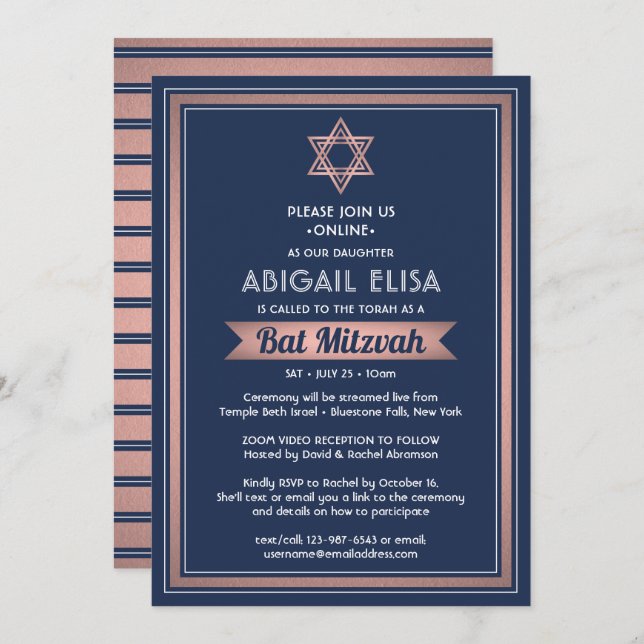 Invitation Zoom virtuel Bat mitzvah Marine bleu rose Rose or (Devant / Derrière)