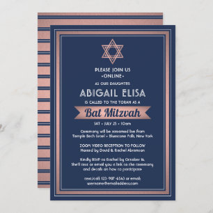Invitation Zoom virtuel Bat mitzvah Marine bleu rose Rose or