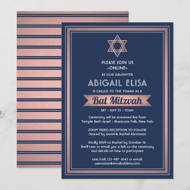Invitation Zoom virtuel Bat mitzvah Marine bleu rose Rose or (Devant / Derrière)