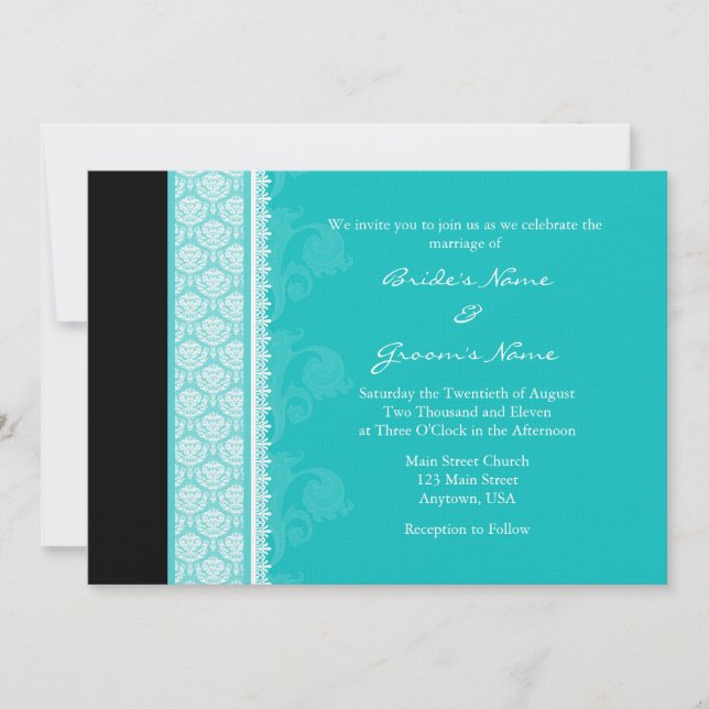 Invitations A7 Turquoise One-Side Mariage damassé (Devant)