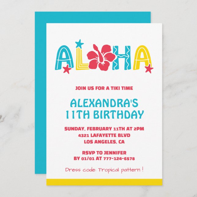 Invitations à 11e anniversaire Tropical Aloha Hawa (Devant / Derrière)