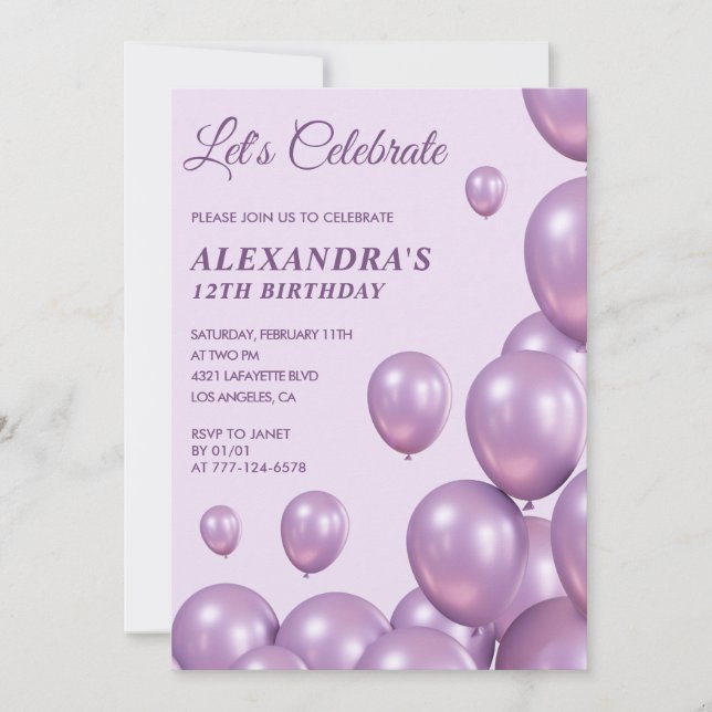 Invitations à 12e anniversaire Ballons Chic Purple (Devant)