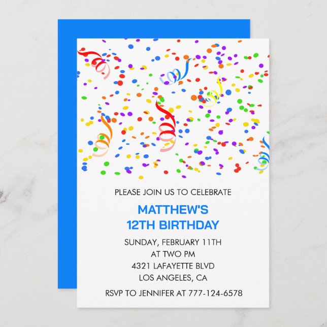 Invitations à 12e anniversaire Confetti Rainbow Bo (Devant / Derrière)