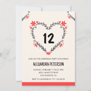 Invitations à 12e anniversaire pour son coeur flor