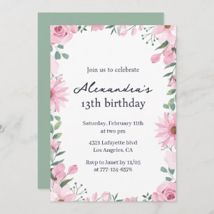 Invitations à 13e anniversaire Floral Frame Pink G