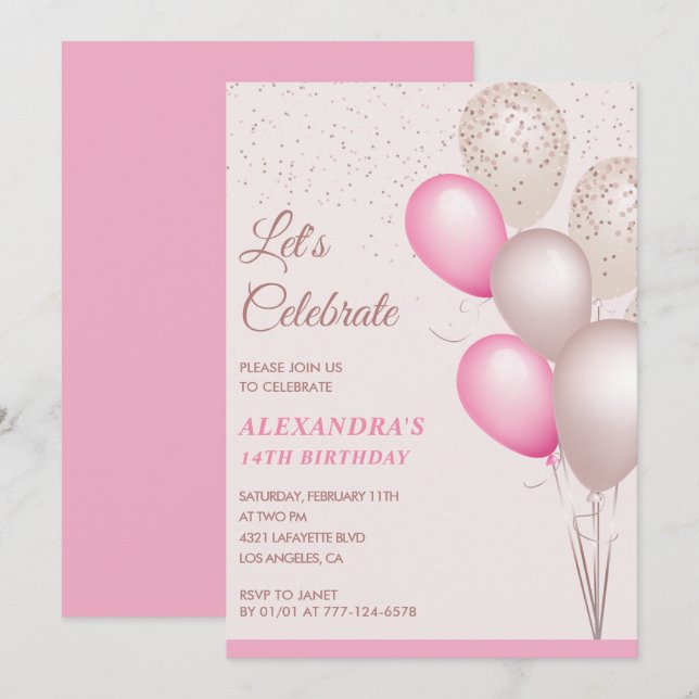 Invitations à 14e anniversaire Balloons Pink Confe (Devant / Derrière)