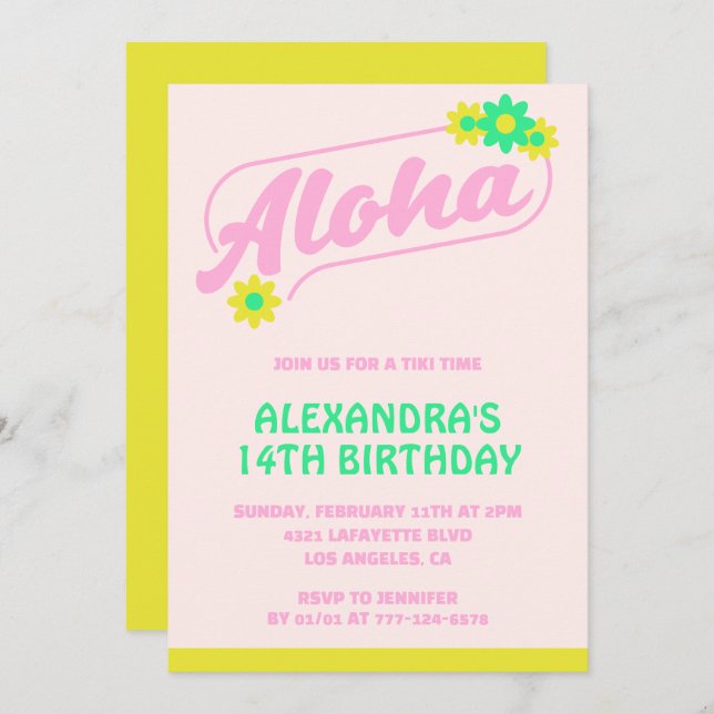 Invitations à 14e anniversaire Tropical Aloha Pink (Devant / Derrière)