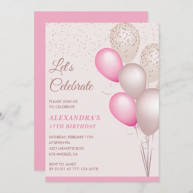 Invitations à 17e anniversaire Balloons Pink Confe (Devant / Derrière)