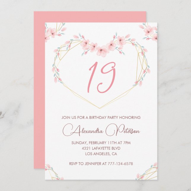 Invitations à 19e anniversaire Boho Floral Pink (Devant / Derrière)