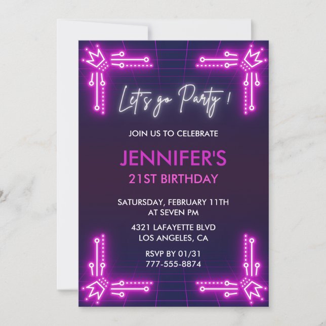 Invitations à 21e anniversaire Pink Neon Glow (Devant)