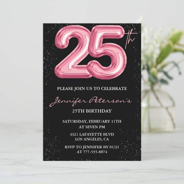 Invitations à 25e anniversaire Pink Balloon Glam B (Debout devant)