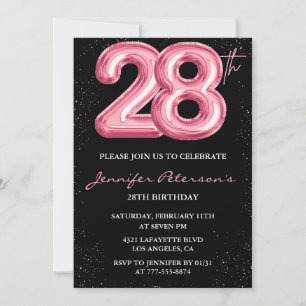 Invitations à 28e anniversaire Pink Balloon Glam B