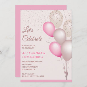 Invitations à 75e anniversaire Balloons Pink Confe