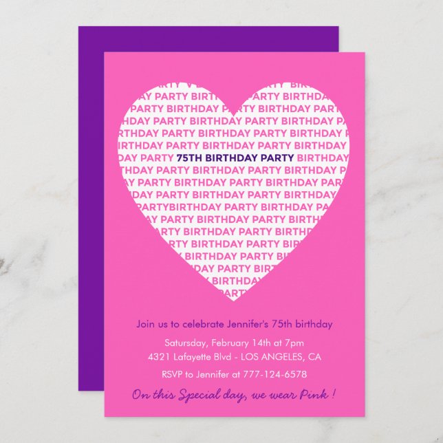 Invitations à 75e anniversaire Pink Heart Modern (Devant / Derrière)