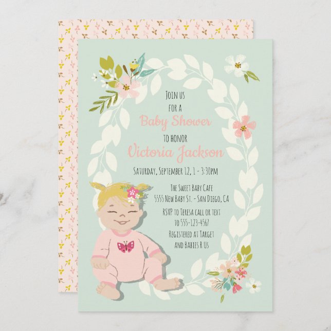 invitations à la douche bébé blonde fleurie douce (Devant / Derrière)