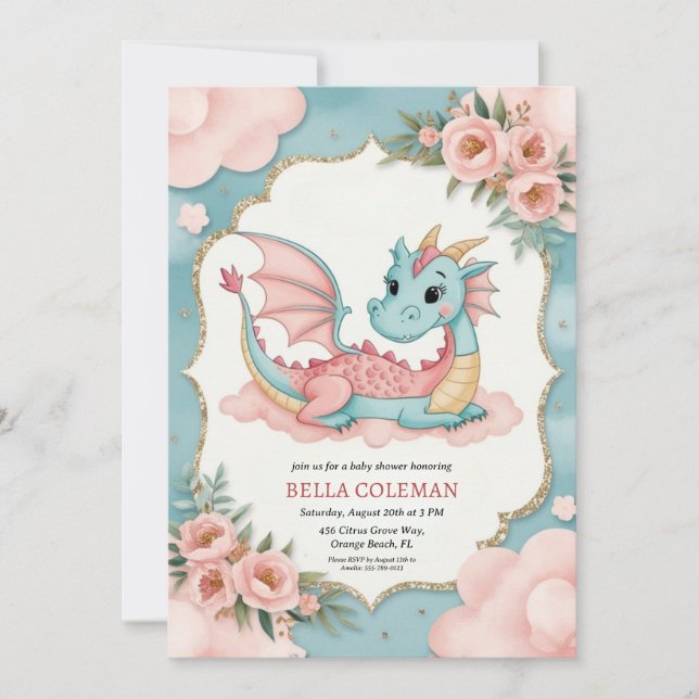 invitations à la douche bébé dragon mignonne (Devant)