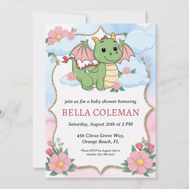 invitations à la douche bébé dragon mignonne (Devant)