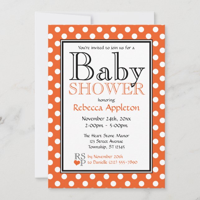 Invitations à la douche pour bébés Polka Dot Orang (Devant)