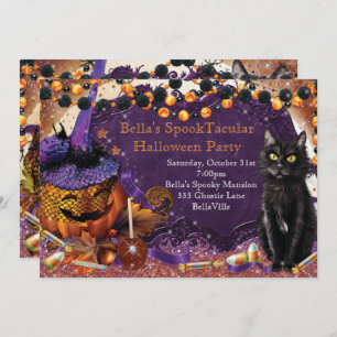 Invitations à la fête Citrouille de Cat Halloween