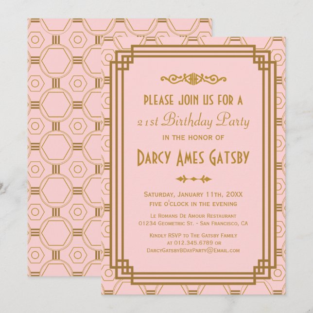 Invitations à la fête d'anniversaire Art déco rose (Devant / Derrière)