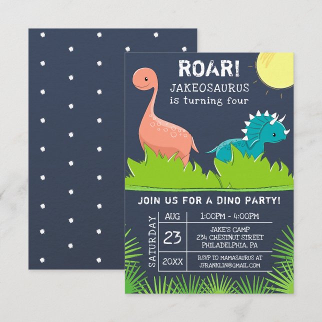 Invitations à la fête d'anniversaire de Dinosaur (Devant / Derrière)