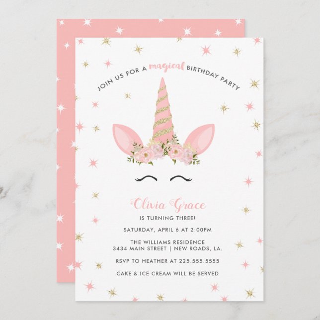 Invitations à la fête d'anniversaire de la licorne (Devant / Derrière)