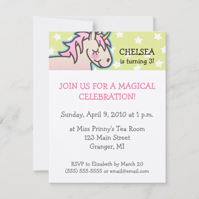 Invitations à la fête d'anniversaire de l'Unicorne (Devant)