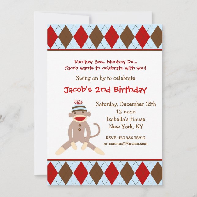 Invitations à la fête d'anniversaire de Sock Monke (Devant)
