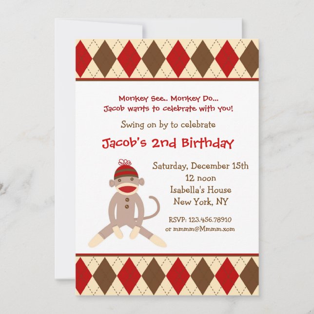 Invitations à la fête d'anniversaire de Sock Monke (Devant)