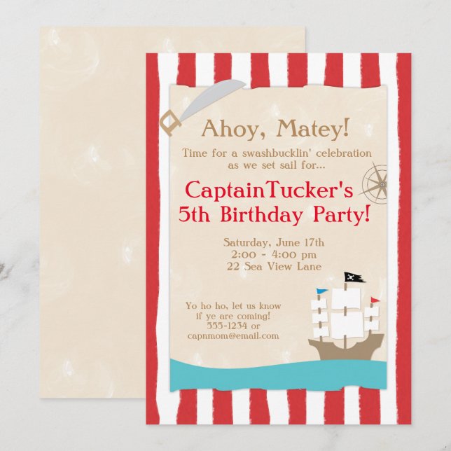 Invitations à la fête d'anniversaire des pirates (Devant / Derrière)