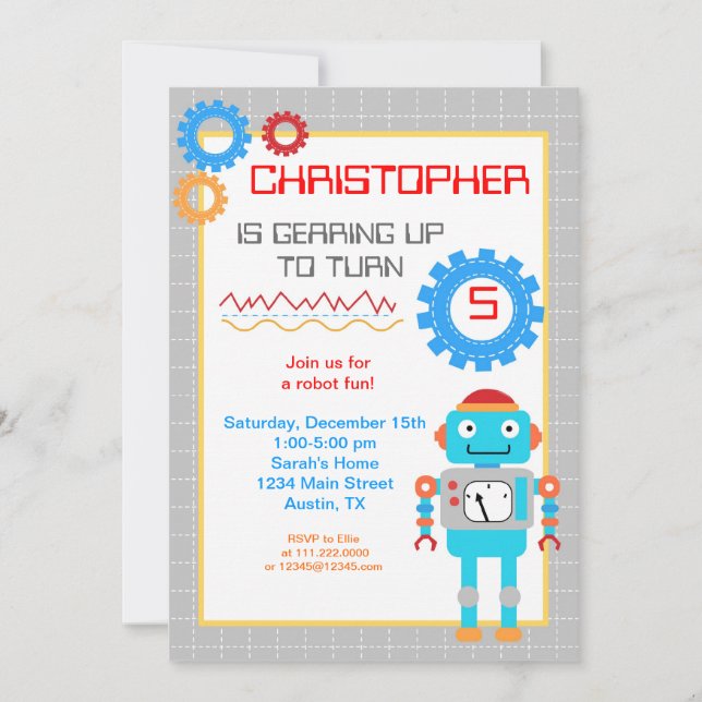 Invitations à la fête d'anniversaire des robots (Devant)