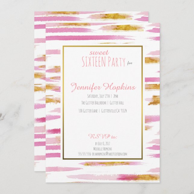 Invitations à la fête Pink & Gold Paint Stripes (Devant / Derrière)
