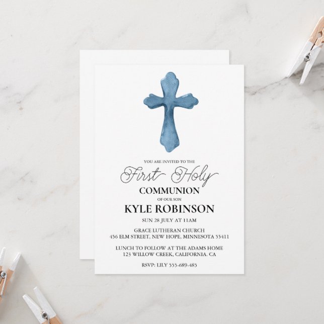 invitations à la première communion bleue (Devant/Arrière en situation)