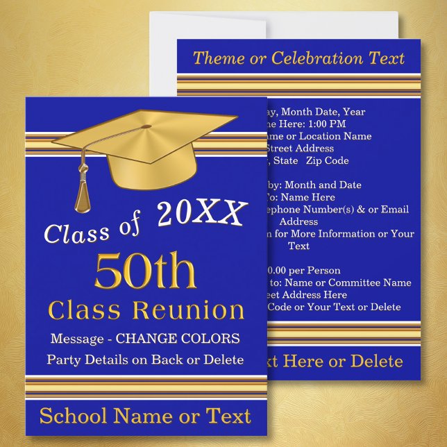 Invitations à la réunion de classe 50e bleu et or (Customizable, 50th Class Reunion Invitations. Blue and Gold, 50 year class reunion invitations. )