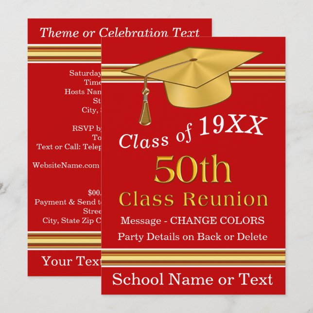 Invitations à la réunion de classe 50e Rouge, Blan (Devant / Derrière)
