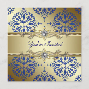 Invitations à la Royal Blue and Gold Damask Party