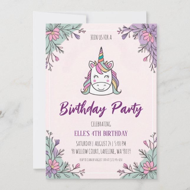 invitations à l'anniversaire de la licorne mignonn (Devant)