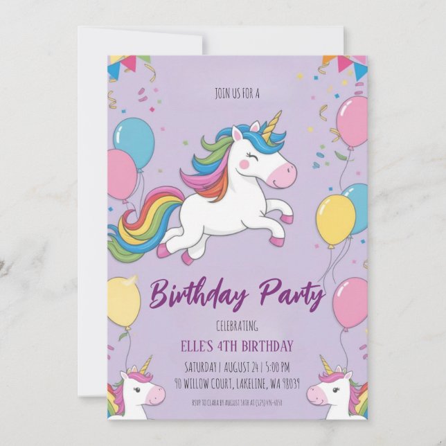 invitations à l'anniversaire de la licorne mignonn (Devant)